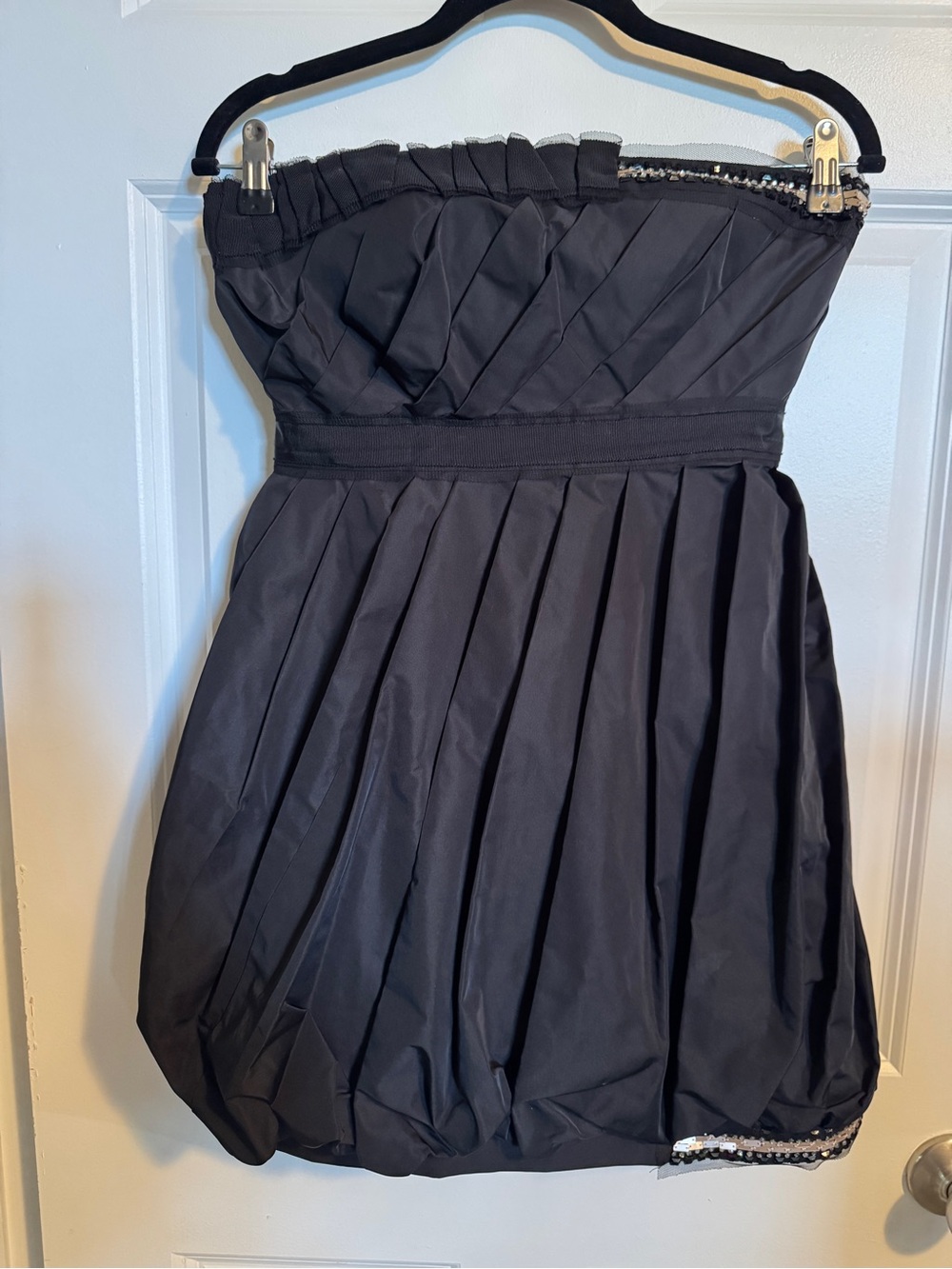 BCBGMaxAzria Strapless Black Pleated Bubble Hem Dress with Sequin Trim
